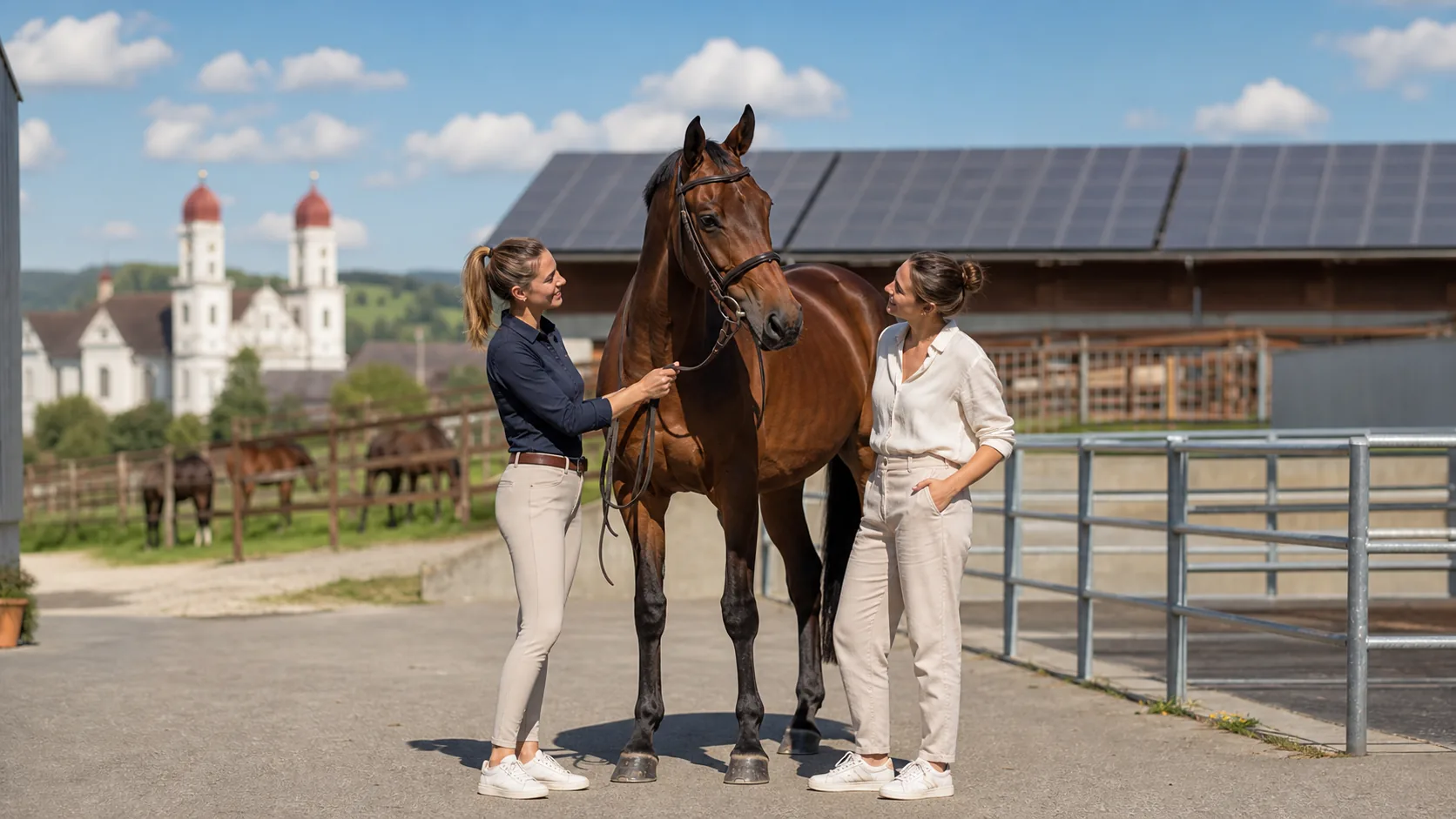 Zwei Frauen mit Sportpferd auf dem Areal, sonnige und einladende Stimmung im Pferdesport-Umfeld